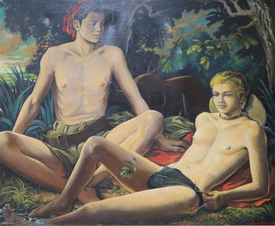 Hubert Wets, oil on canvas, boys in a landscape, signed and dated 45, 93 x 113cm